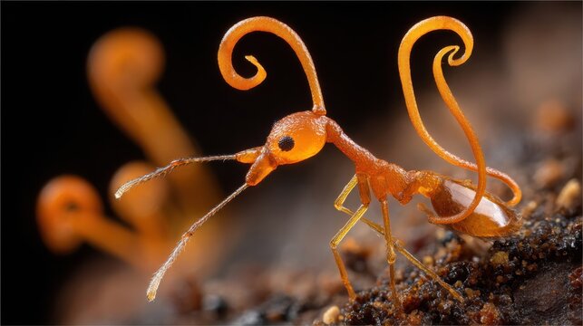 Extreme Macro Photograph of an Orange Ant's Detailed Abdomen and Antennae, Showcasing Tiny Spiracles