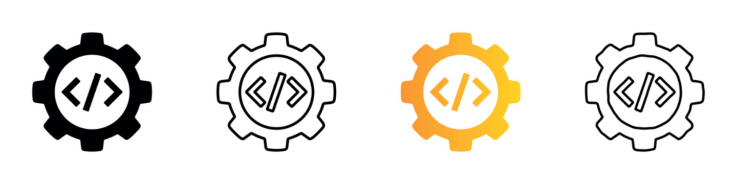 Set of four icons representing coding and development with gear symbols