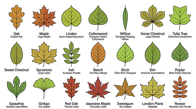 Flat lay of various colorful leaves with labels on a clean white background, showcasing different types and shapes in a educational illustration.