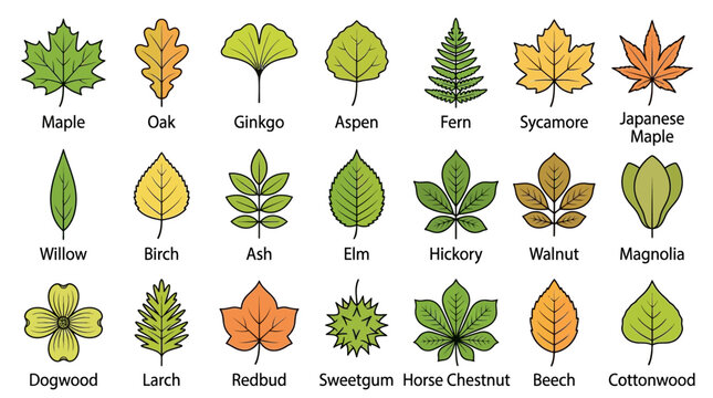 Infographic illustration of various types of leaves with their names listed below each leaf on a clean white background.
