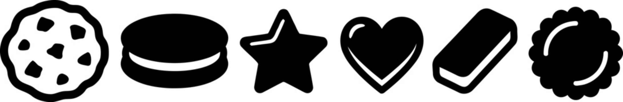 Selection of dark cookie silhouettes isolated on transparent grid including chocolate chip round sandwich star heart rectangular bar and scalloped edge biscuit vector.