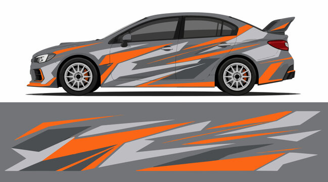 Dynamic racing car with bold orange and gray graphics.