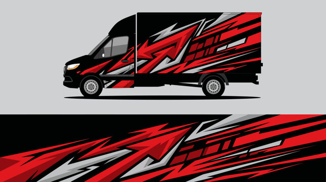 Red and black dynamic van wrap design.