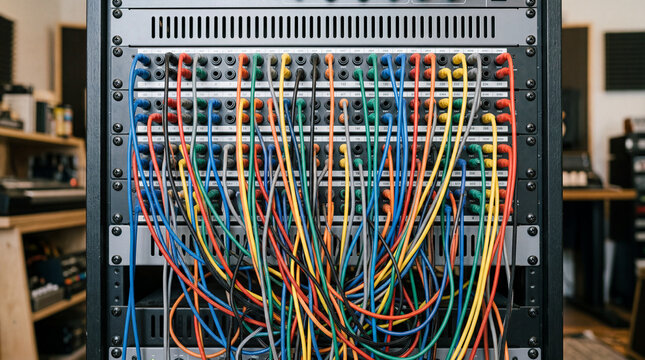 Patch Bay Panel With Countless Colorful Patch Cables Plugged In And Dangling In Server Room