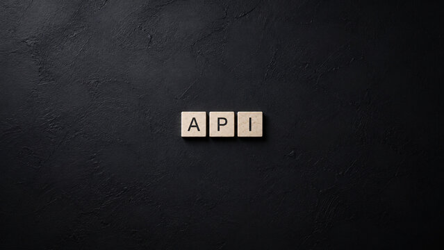 API Word on Wooden Blocks Over Dark Black Textured Background. Application Programming Interface, Software Development, Technology Integration, Coding, and Web Data Transfer Concept.