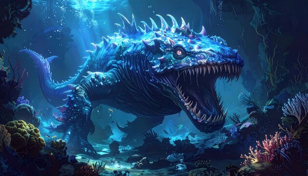 A colossal, blue, sea monster swims through an underwater coral reef, menacing with sharp teeth