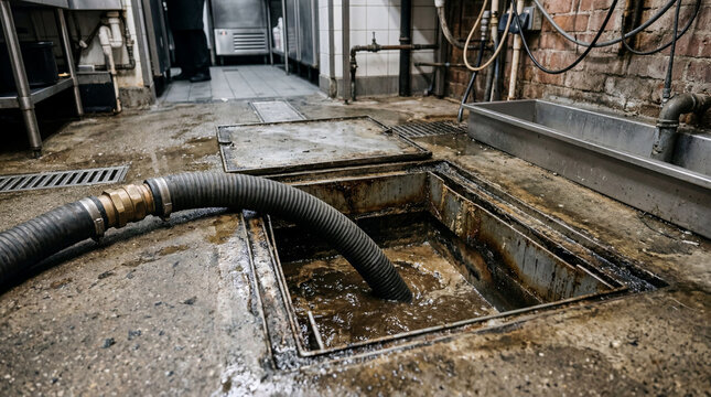 Heavy Duty Suction Vacuum Hose Cleaning Out Sludge From Open Commercial Grease Interceptor Trap Tank