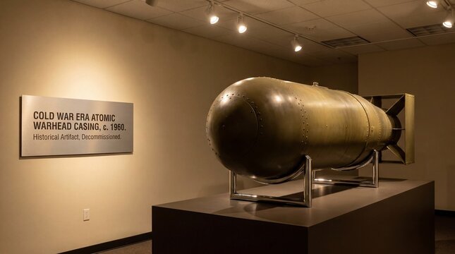 Museum Display Exhibition Featuring Historical Cold War Era Atomic Warhead Casing With Highly Polished Surface