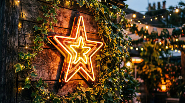 Close Up Of Glowing Neon Sign Shaped Like Star Mounted On Rustic Wood Wall Decor