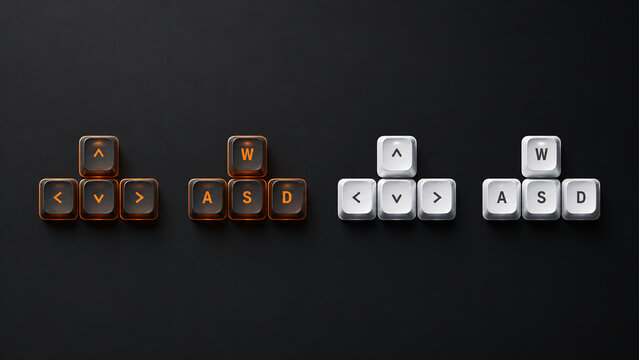 Gaming Keycaps Set with Arrow Keys and WASD Layout on Black Background Glowing Orange