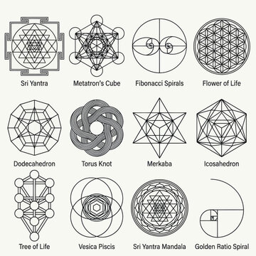 Sacred geometry symbols collection featuring mystical shapes and patterns
