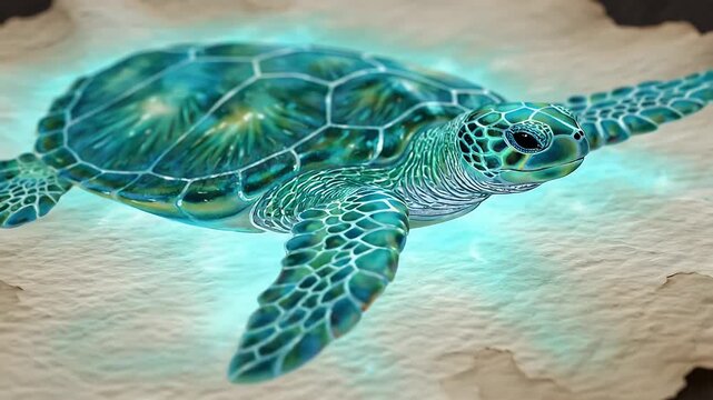 A turquoise sea turtle glides gracefully through crystal waters near a sunlit sandy shoreline