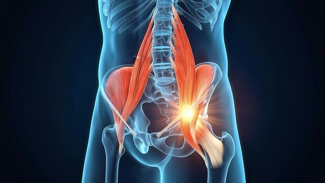 Hip Gluteal Muscle Anatomy 3D Medical Animation Pelvis X-Ray Glowing Dark Background