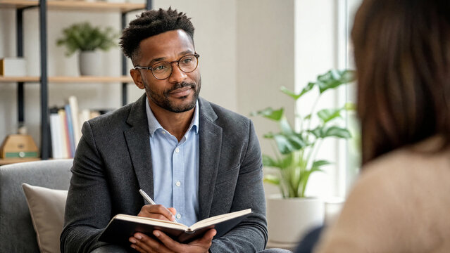 Therapist listening to patient and taking notes