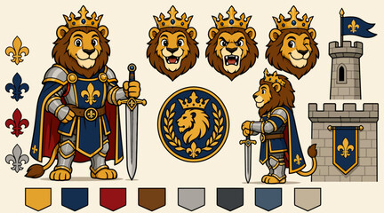 Medieval Lion King in Royal Armor with Sword and Shield. © bay