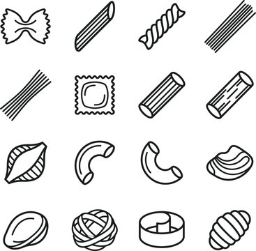 Collection of line art pasta icons showing various italian food shapes like bow tie spaghetti fusilli penne and macaroni on transparent background.