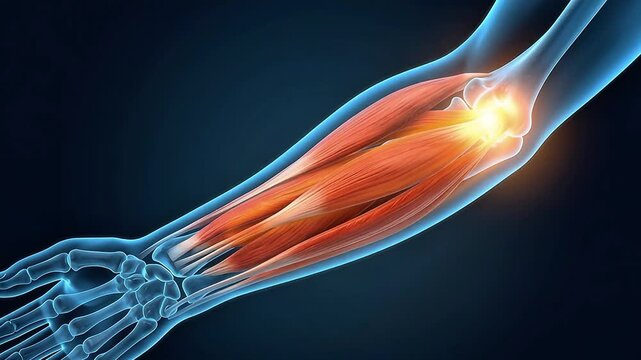 Forearm Wrist Muscle Anatomy 3D Medical Animation Tendon X-Ray Glowing Dark Background