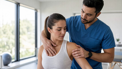Fototapeta premium Physical therapist examining patient's shoulder