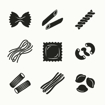 Selection of classic italian pasta types including farfalle penne rotini spaghetti ravioli macaroni rigatoni linguine and orecchiette isolated on white background.