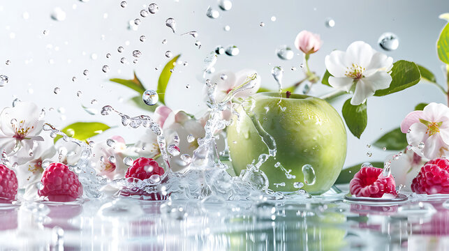 Dynamic splashing water with green apple and red raspberries for summer cooling juice beverage commercial packaging and promo poster templates