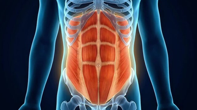 Abdominal Muscle Anatomy 3D Medical Animation Six Pack Rectus Abdominis X-Ray Glowing Dark Background
