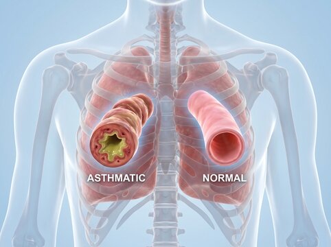 Professional asthmatic airway constriction vs normal bronchiole featuring asthma, airway constriction and bronchiole inflammation, created as a 3d render, studio-quality with crisp definition.
