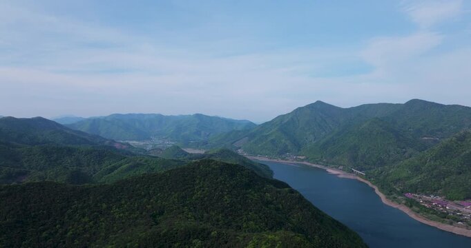 Aerial view of Boryeongho Lake and green mountains, South Korea