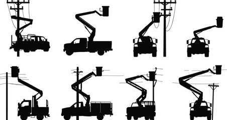 Utility bucket trucks, electrical maintenance silhouettes, construction lift equipment, flat vector © MstBegum
