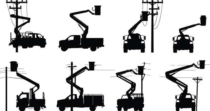 Utility bucket trucks, electrical maintenance silhouettes, construction lift equipment, flat vector
