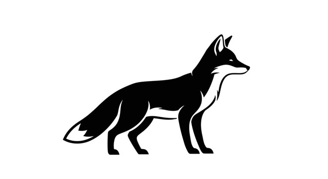 Elegant black and white fox illustration standing in profile, a stylized wild animal vector art representing cunning and nature.