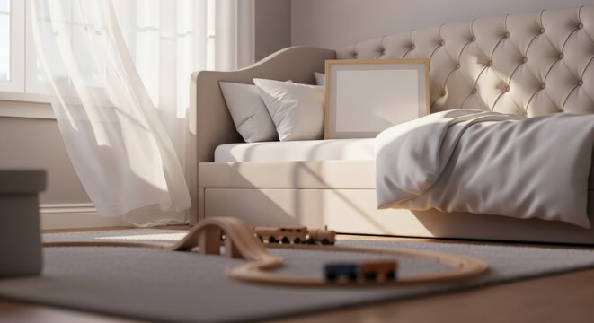 Softly lit bedroom with tufted daybed and children s toy train set
