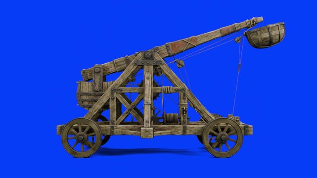 A high-quality 3D animation of a wooden medieval catapult weapon driving smoothly across the frame on its wheels. The isolated historical asset is set against a solid blue screen background for seamle