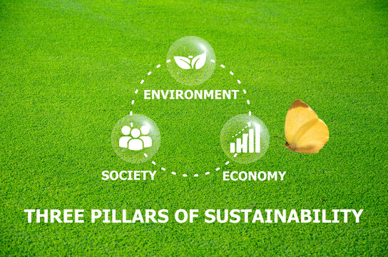 Three Pillars of Sustainability text and icons on green grass background.Sustainable development results from the collaboration of three pillars concept.