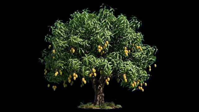 A lush, dense 3D mango tree bearing numerous ripe yellow mangoes distributed across a heavy green canopy, set against an isolated black background. Perfect for culinary branding, architectural visuali