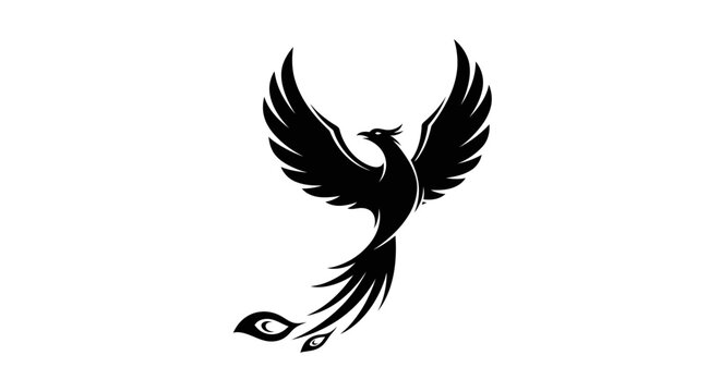 Stylized black phoenix bird silhouette rising with spread wings, a powerful and elegant mythical firebird vector graphic symbol of rebirth.