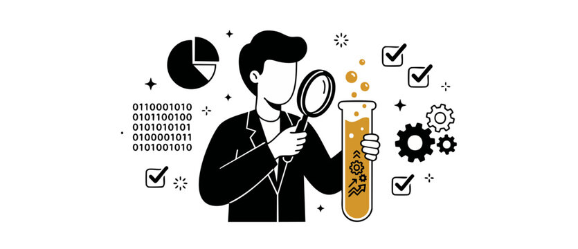 Data analyst testing business research with magnifying glass and test tube. Black white vector illustration with gold accents portraying binary code pie chart gears and analytics optimization concepts