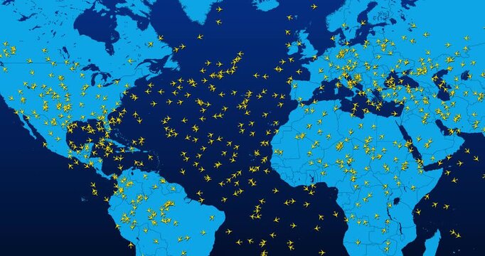 Motion graphic of an aviation tracking interface displaying crowded aerial transportation and commercial flights over america europe and africa blue map