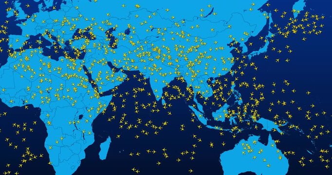 Motion graphic of an aviation tracking interface displaying crowded aerial transportation and commercial flights over asia africa and australia blue map