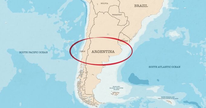Motion graphic video of a red circle marking to argentina on a vintage political map