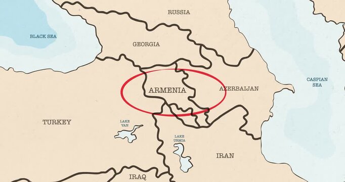 Motion graphic video of a red circle marking to armenia on a vintage political map