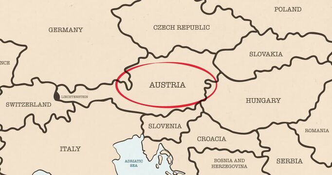 Motion graphic video of a red circle marking to austria on a vintage political map