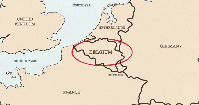 Motion graphic video of a red circle marking to belgium on a vintage political map
