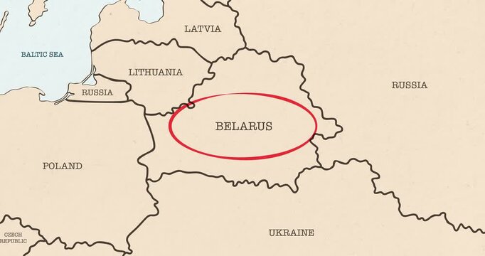 Motion graphic video of a red circle marking to belarus on a vintage political map