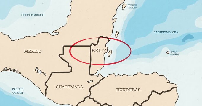 Motion graphic video of a red circle marking to belize on a vintage political map