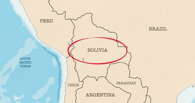 Motion graphic video of a red circle marking to bolivia on a vintage political map