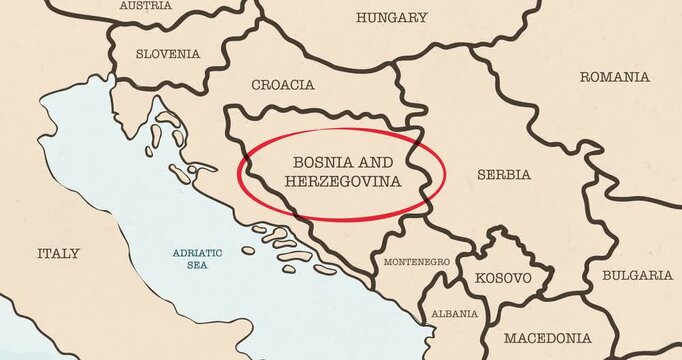 Motion graphic video of a red circle marking to bosnia and herzegovina on a vintage political map