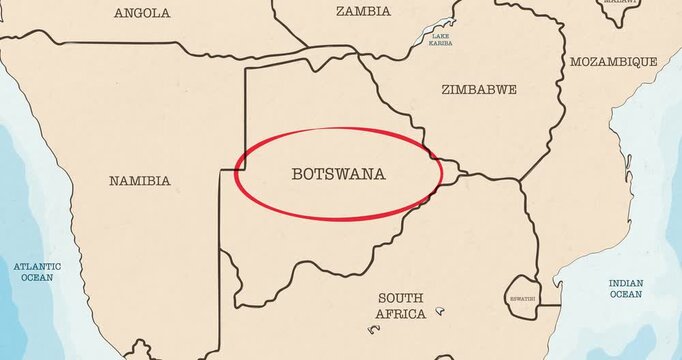 Motion graphic video of a red circle marking to botswana on a vintage political map