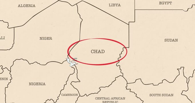 Motion graphic video of a red circle marking to chad on a vintage political map