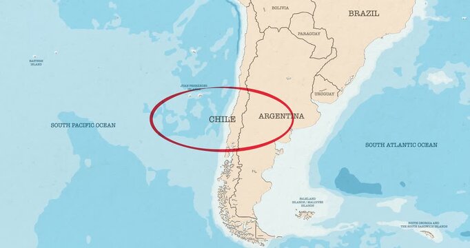 Motion graphic video of a red circle marking to chile on a vintage political map