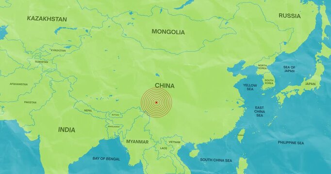 Motion graphic video of an earth waves concentric lines into a china map of an earthquake epicenter composition concept